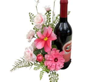 Bottle Bouquet Flower Arrangement for Wine Bottle or Candle | Mini Floral Gift for Hostess, Tabletop Decor, Small Silk Flower Display