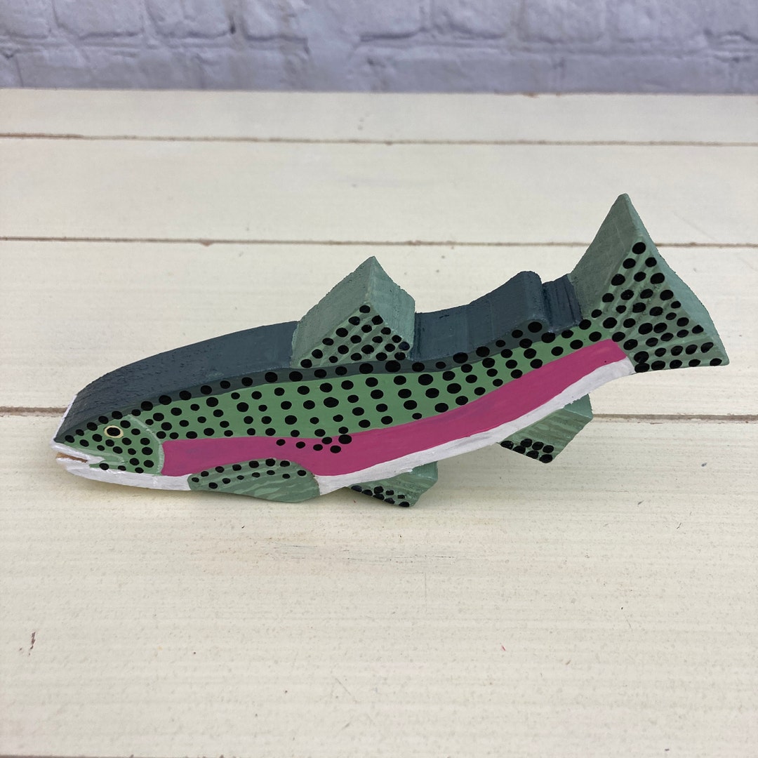 Small Curved Rustic Rainbow Trout, Hand Carved and Painted, Wooden Folk ...