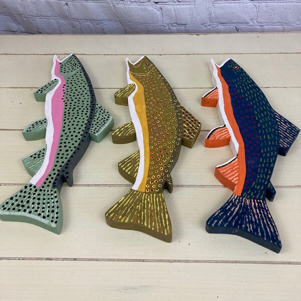 Set of 3 Trout Hand Carved and Painted Wooden Folk Art Fish, Fresh Water Fish Signs, Wooden Fish Wall Decor and Plaques