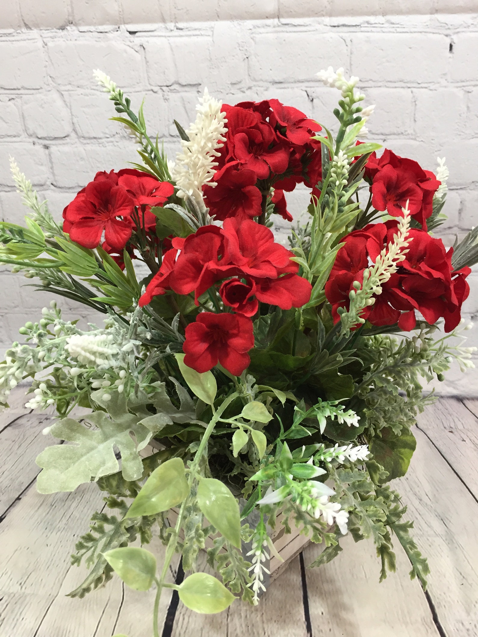 Red geraniums and white lavender floral centerpiece for dining | Etsy