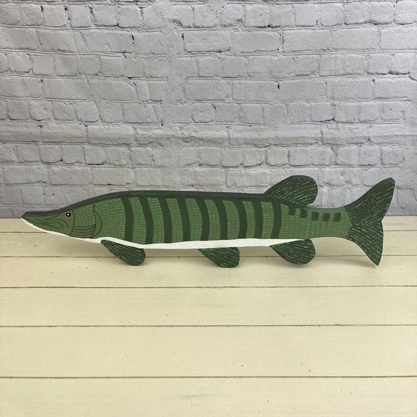 Northern Pike Hand Carved and Painted Folk Art Wooden Fish, Man Cave Wooden Fish Signs, Wall Decor and Plaques,