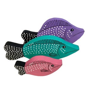 Purple Teal and Pink Wooden Fish Wall Hanging – Hand Painted Coastal Trio, Whimsical Patio or Porch Decor, Bright Outdoor Art