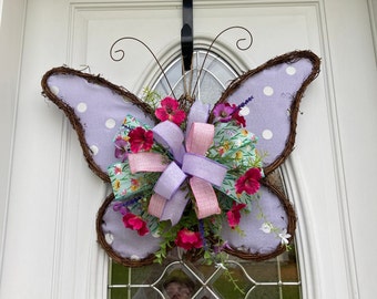 Purple butterfly door hanger; Spring/Summer floral grapevine wreath for front door; Easter wall decoration; Porch decor; Mother's Day gift