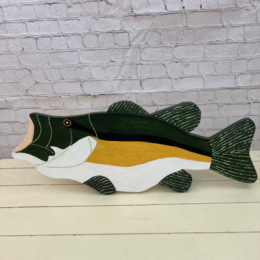 Largemouth Bass Hand Carved and Painted Folk Art Wooden Fish, Man Cave