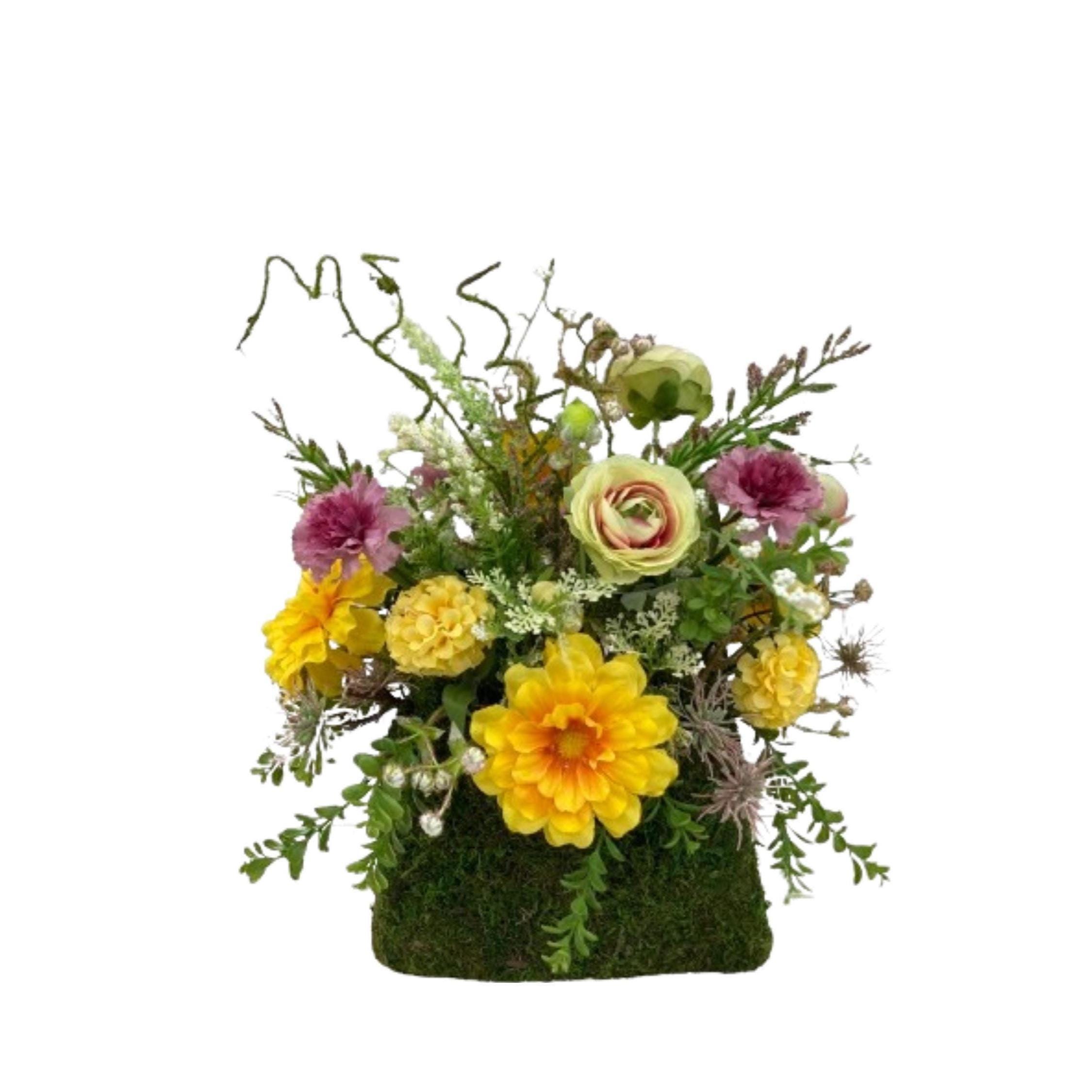 Summer Moss Purse Floral Arrangement – Yellow and Magenta Faux Flowers, Ranunculus, Mums & Thistle, Whimsical Table or Entryway Decor