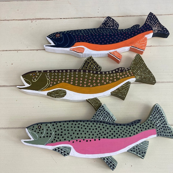 Set of 3 Trout Hand Carved and Painted Wooden Folk Art Fish, Fresh Water Fish Signs, Wooden Fish Wall Decor and Plaques