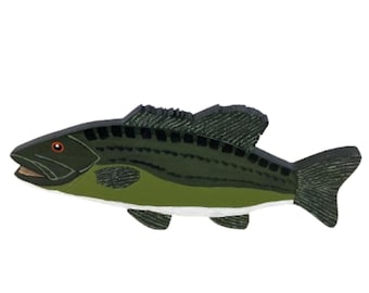 May include: A hand-painted wooden bass fish with green and black stripes and a white belly. The fish has a red eye and a slightly open mouth.