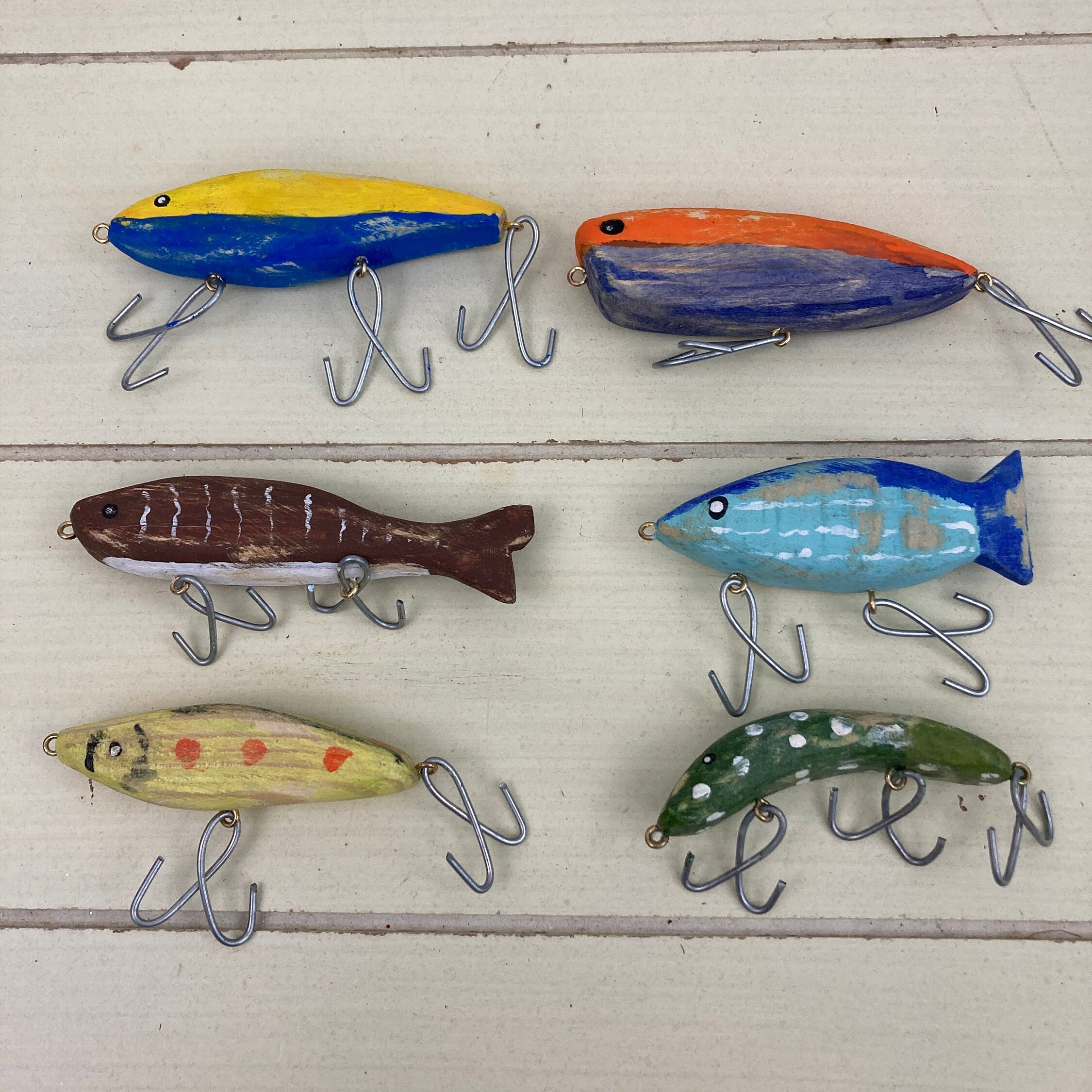Set of 6 Fishing Lure Ornaments Hand Carved and Painted Wood Fishing Lure  Decorations Fishing Decor Wreath Attachment Christmas Ornament 