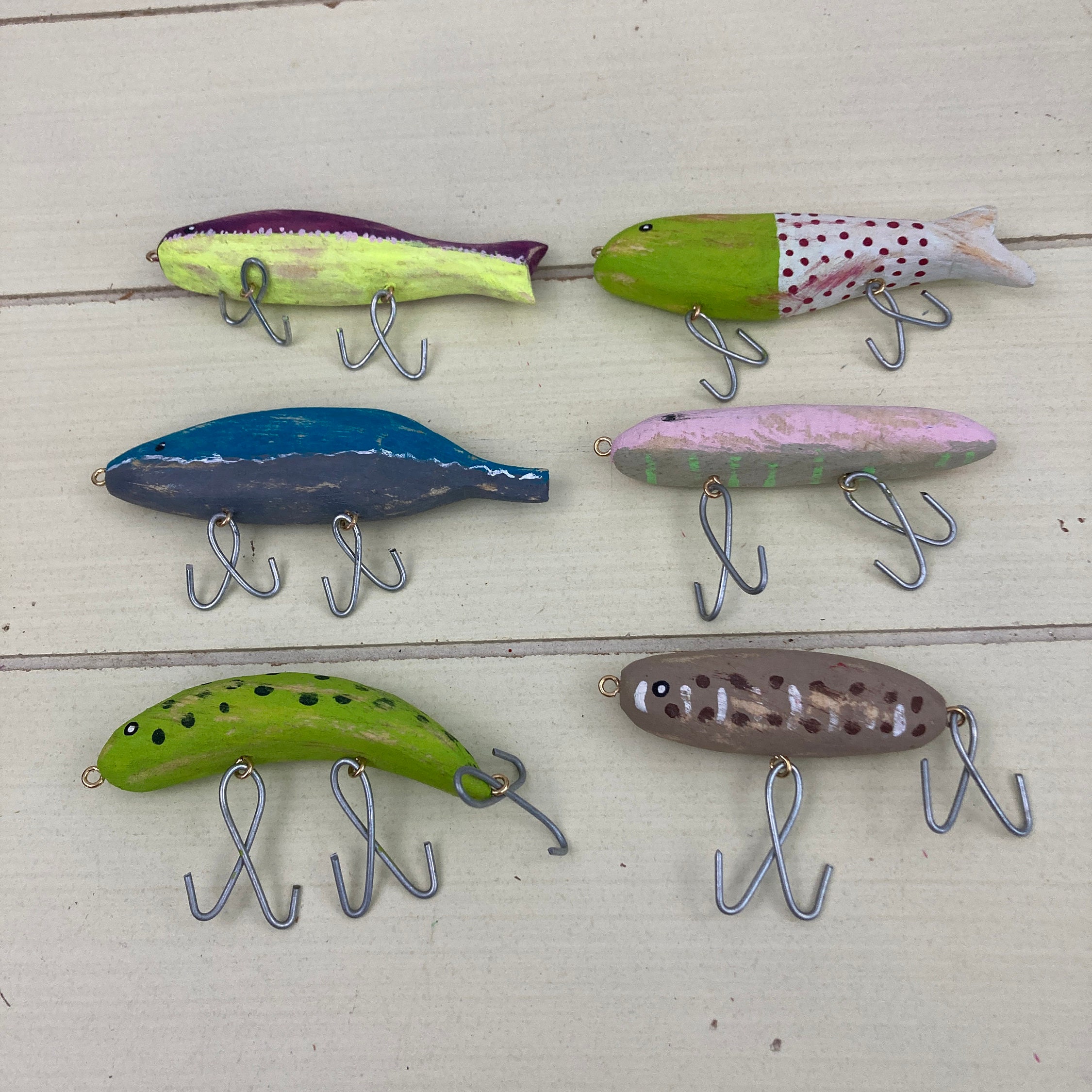 Set of 6 Fishing Lure Ornaments Hand Carved and Painted Wood