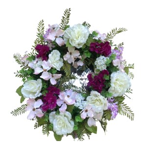 Spring wreath with cream and purple flowers, Garden style floral front door wreath, Summer wreath with hydrangeas and roses, Porch Decor