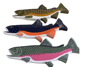 Set of 3 Trout Hand Carved and Painted Wooden Folk Art Fish, Fresh Water Fish Signs, Wooden Fish Wall Decor and Plaques
