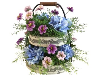 Rustic Tiered Spring Floral Arrangement, Cottagecore Blue & Purple Flowers in Farmhouse Bucket, Artificial Hydrangea Table Decor