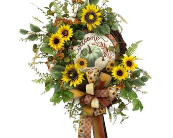 Sunflower Fall Wreath for Front Door, Grapevine Wreath with Pumpkins, Rustic Autumn Welcome Wreath, Farmhouse Thanksgiving Decor