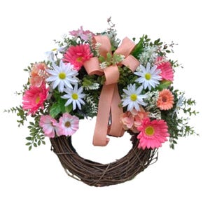 Spring Daisy Wreath – 21&quot; Pink Peach White Grapevine Wreath with Gerbera Daisies and Bow, Front Door Summer Wreath, Floral Wall Decor