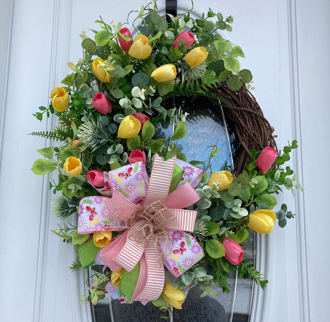 Spring Tulip Wreath; Yellow and Pink Spring Floral Grapevine Wreath ...