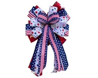 Patriotic Bow for Wreath or Lantern – 4th of July Red White Blue Wired Ribbon, 18 Loop Handmade Decor, Memorial Day or Americana Accent