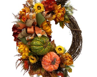 Pumpkin Grapevine Wreath for Front Door; Rustic Fall Decor with Peonies, Hydrangeas, Pinecones and Pumpkins; Thanksgiving Wreath