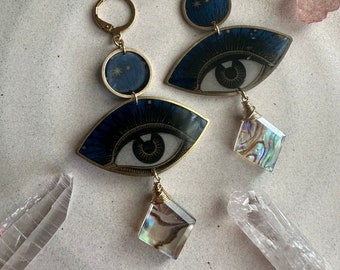 Blue Mystic eye Abalone resin earrings