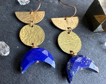 Lapis lazuli / bleu / or / pierre gemme / boucles d'oreilles / laiton / bijoux