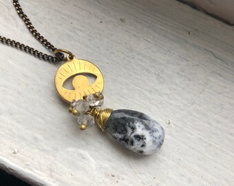 Opale Dendrite / Herkimer Diamant / Laiton / oeil / Collier