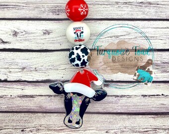 Santa Cow Keychain | Beaded Keychain | Christmas Cow | Stocking Suffer | Cow Lover
