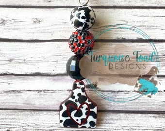 Cow Tag  Keychain, Beaded Keychain, Bubblegum Bead Keychain, Zipper Pull, Cow Lover, Fun Gifts for Friends, Cow Lover Gift, Valentine's Day