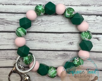 Leaf Print Wristlet Keychain, Stretch Keychain, Silicone Wristlet Keychain, Silicone Bead Wristlet, Plant lover keychain