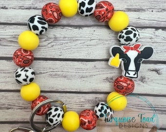 Cow Print Wristlet Keychain, Stretch Keychain, Silicone Wristlet Keychain, Silicone Bead Wristlet, Cow Lover, Farm keychain