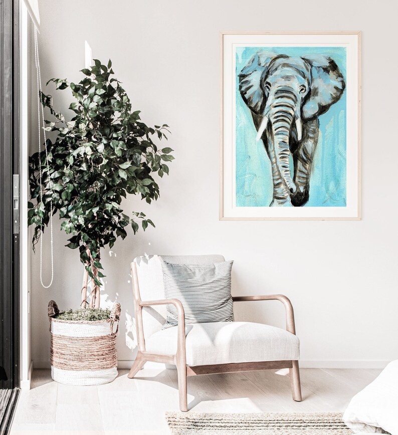 Blue Elephant PRINT, Nursery Animal Print, Elephant Decor, Elephant
