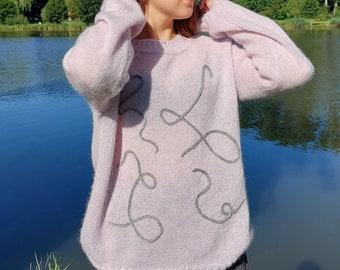 Pink mohair sweater Loose knit sweater Gently purple oversized sweater Chunky Fluffy Soft pullover Long mohair sweater Personalized jumper