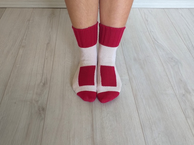 Red wool socks Women socks Merino socks Handmade 100/% merino Geometric ornament Present on Birthday Christmas gift Interesting Knitted house