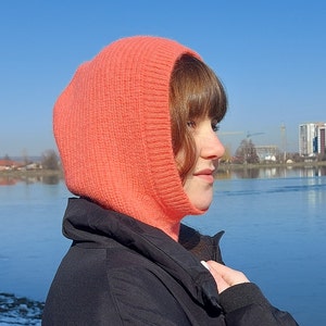 Orange alpaca knit bonnet Woman alpaca hood scarf Winter knit hooded scarf Fluffy knit hood Woman orang mohair balaclava Stylish hood scarf