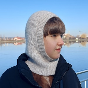 Woman beige knit bonnet Beige alpaca hood scarf Winter women hooded scarf Fluffy knit hood Woman mohair balaclava  Knit stylish hood scarf