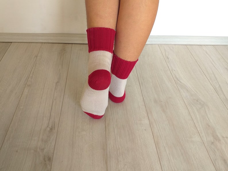 Red wool socks Women socks Merino socks Handmade 100/% merino Geometric ornament Present on Birthday Christmas gift Interesting Knitted house