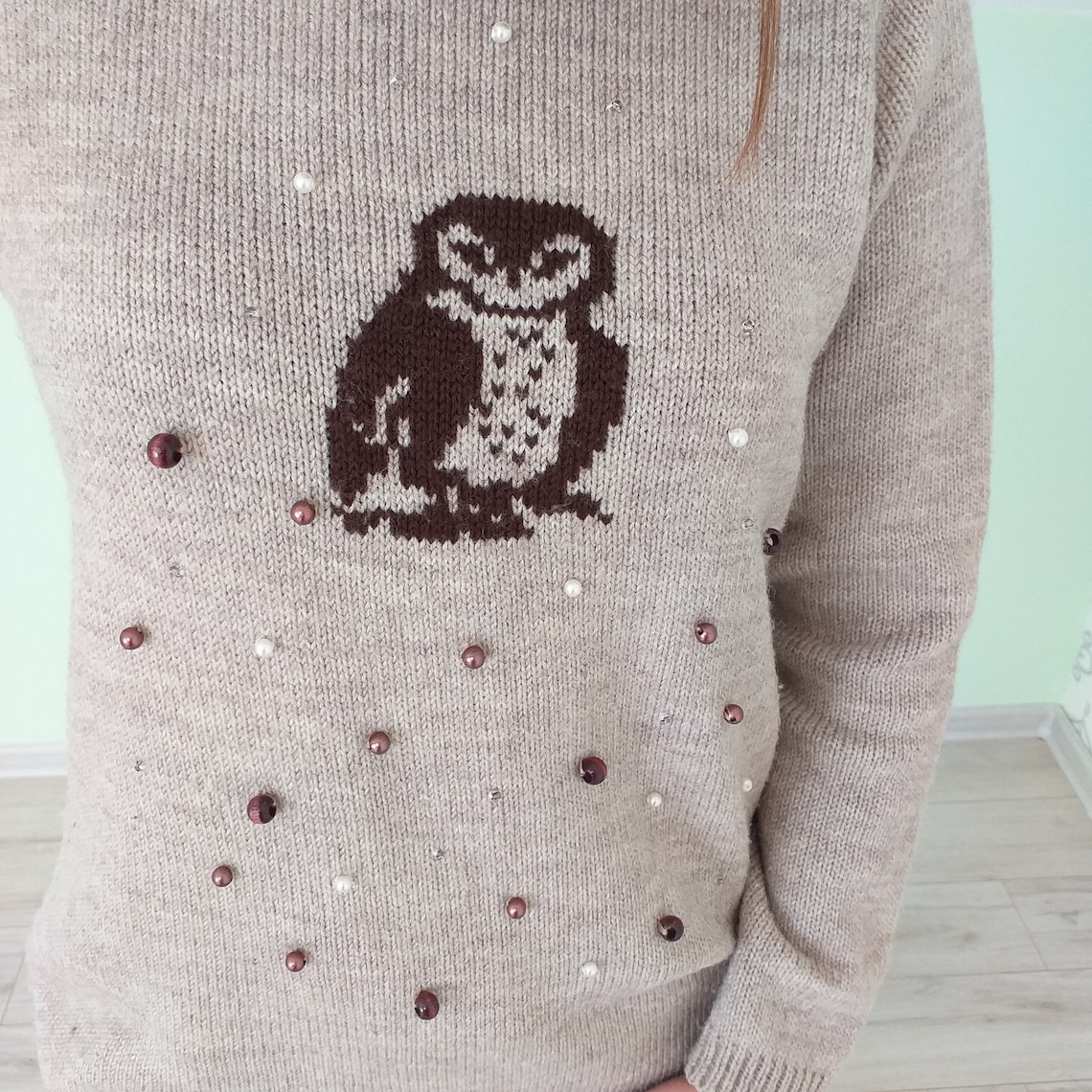 Knitted Sweater Owl Brown Sweater Owl Chunky Wool Pullover Etsy
