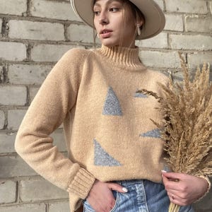 Yellow alpaca sweater Yellow women sweater Sweater high-necked Fluffy knit women&#39;s sweater Gray knitted sweater Knit sweater with ornament