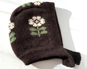 Wool bonnet Dark brown Women hood Flowers Double knit Cap with lining
