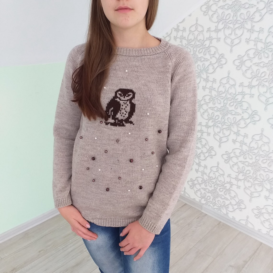 Knitted Sweater Owl Brown Sweater Owl Chunky Wool Pullover Etsy