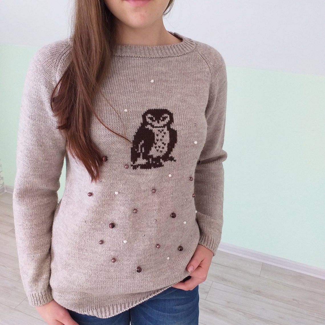 Knitted Sweater Owl Brown Sweater Owl Chunky Wool Pullover Etsy