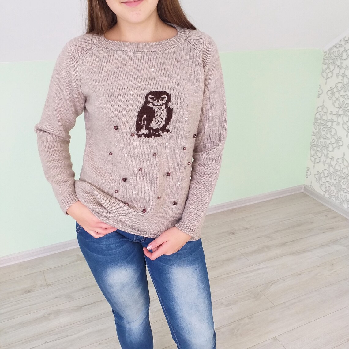 Knitted Sweater Owl Brown Sweater Owl Chunky Wool Pullover Etsy