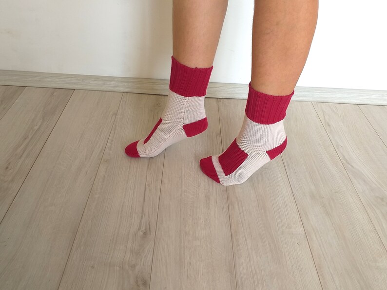 Red wool socks Women socks Merino socks Handmade 100/% merino Geometric ornament Present on Birthday Christmas gift Interesting Knitted house