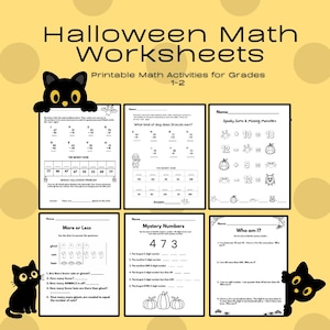 以下が含まれることがあります： グレード1-2向けのハロウィーンをテーマにした算数ワークシート6枚セット。引き算の問題、暗号、モンスターのグラフィックが描かれた白黒のページです。タイトルは「Halloween Math Worksheets Printable Math Activities for Grades 1-2」と記載されています。