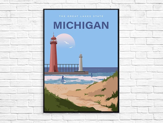 Michigan Travel Poster Michigan Lake Print - Etsy