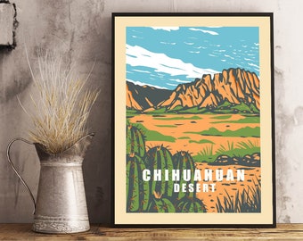 Affiche de voyage dans le désert de Chihuahuan , Impression vintage au Mexique , Impression de Chihuahua , Art mural de Chihuahua , Cadeau de voyage de Chihuahua , Impression de voyage au Mexique