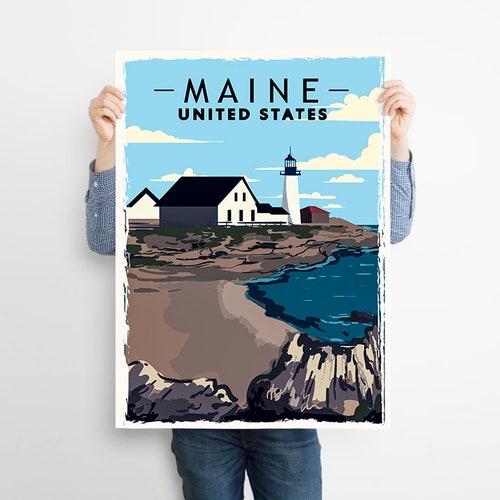Retro Style Travel Poster Maine Vintage Rustic Poster Print Etsy
