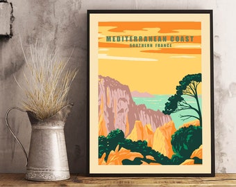 Mediterranean Coast Poster  , Mediterranean Coast Printer ,  , Southern France Travel Print , France travel Poster , Mediterranean Wall art