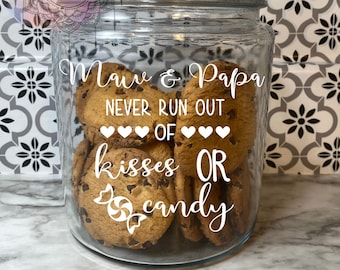 Grandma's never run out of kisses or candy Cookie Jar personalized cookie jar custom cookie jar glass cookie jar gift candy jar treat jar