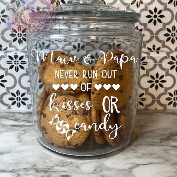 Grandma's never run out of kisses or candy Cookie Jar personalized cookie jar custom cookie jar glass cookie jar gift candy jar treat jar