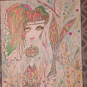SIRENA ARTE ORIGINALE Tecnica mista Acquerello Sirena Decorazione murale Scintillante Colore Neon Arazzo da parete per la stanza delle ragazze Illustrazione per Galleria a parete