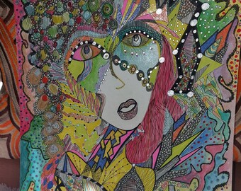 Original Pop Art Sketch: Colorful Geometric Girl Wall Hanging